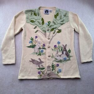 Storybook Knits Cream Cardigan with Green Leaf Appliqué Story Book Knits S